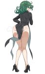  1girl absurdres ass bare_legs black_dress black_shoes commentary curly_hair dress from_behind green_eyes green_hair high_heels highres long_sleeves looking_back no_panties one-punch_man pelvic_curtain q_haoyu shoes simple_background solo steaming_body sweat symbol-only_commentary tatsumaki white_background 