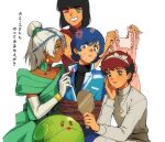  4boys amuro_ray anger_vein blue_eyes blue_hair bound brown_hair commentary crossdressing dark-skinned_male dark_skin dress earrings ekomozzarella elbow_gloves gloves green_eyes gundam gundam_zz hair_over_one_eye hand_mirror haro jacket jewelry judau_ashta kamille_bidan laura_rolla long_hair loran_cehack military military_uniform mirror mobile_suit_gundam multiple_boys red_lips shirt short_hair simple_background smile symbol-only_commentary tied_up_(nonsexual) translation_request trap turn_a_gundam very_dark_skin white_gloves white_hair zeta_gundam 