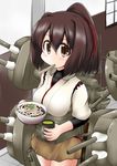  bowl breasts brown_eyes brown_hair brown_hakama cannon chopsticks chopsticks_in_mouth cowboy_shot cup hair_ribbon hakama holding holding_bowl holding_cup ise_(kantai_collection) japanese_clothes kantai_collection katana large_breasts looking_at_viewer machinery nontraditional_miko ouno_(nounai_disintegration) ponytail radar red_ribbon ribbon sash short_hair simple_background skin_tight solo sword turret udon undershirt weapon white_background yunomi 