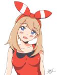  1girl :d bandana blue_eyes blush_stickers breasts brown_hair collarbone commentary_request highres may_(pokemon) medium_breasts open_mouth pilolimaru pokemon pokemon_rse red_bandana red_shirt shirt simple_background sleeveless sleeveless_shirt smile solo upper_body white_background 
