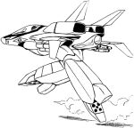  1980s_(style) 1other av-11d_bronco_ii canopy_(aircraft) choujikuu_seiki_orguss concept_art dust_cloud flying gerwalk greyscale lineart machinery mecha mecha_focus missile miyatake_kazutaka monochrome nose_art official_art orguss pilot production_art retro_artstyle robot roundel science_fiction thrusters white_background 