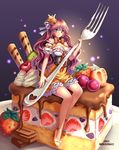  artist_name bangs bare_shoulders blue_eyes blush bow breasts brown_hair cake cherry chocolate cleavage closed_mouth commentary crown dated detached_sleeves dress eyebrows_visible_through_hair food fork fruit full_body hair_between_eyes hair_ribbon high_heels highres holding in_food large_breasts ling_(doraling12) long_hair looking_at_viewer minigirl original oversized_object puffy_short_sleeves puffy_sleeves ribbon short_sleeves sitting solo strawberry striped striped_bow wafer_stick whipped_cream white_ribbon yellow_bow yellow_footwear 
