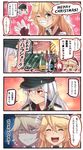  2girls 4koma ^_^ ^o^ alcohol blonde_hair blue_eyes bottle closed_eyes comic commentary_request english evil_smile fake_facial_hair fake_mustache gangut_(kantai_collection) grin hair_between_eyes hat heart heart_in_mouth highres ido_(teketeke) iowa_(kantai_collection) kantai_collection long_hair md5_mismatch multiple_girls one_eye_closed open_mouth orange_eyes peaked_cap pom_pom_(clothes) red_shirt remodel_(kantai_collection) santa_hat scar shaded_face shirt smile speech_bubble star star-shaped_pupils symbol-shaped_pupils translation_request white_hair 