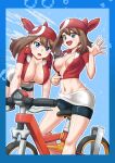  1girl :d absurdres bandana bicycle bike_shorts_under_skirt blue_border blue_eyes blush border breasts brown_hair collared_shirt commentary_request els_(ljhlee12) hand_up highres knees may_(pokemon) multiple_views navel open_mouth outline partially_unzipped pokemon pokemon_rse red_bandana red_shirt riding riding_bicycle shirt short_sleeves sitting skirt smile sweat white_skirt 