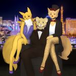 1:1 alduinred anthro bandai_namco black_tie_(suit) blonde_hair blue_eyes blurred_background bow_tie canid canine clothing digimon digimon_(species) esc_the_fox fluffy fluffy_tail footwear fur furniture green_eyes group hair hi_res humanoid leotard looking_at_viewer male mammal photo_background photography_(artwork) red_eyes renamon shoes sitting sofa sparkles suit tail trio yellow_body yellow_fur
