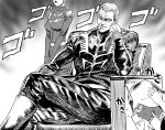  1boy 2girls a1_(initial-g) breasts cecilia_irene commentary_request epaulettes gihren_zabi gloves greyscale gundam gundam_gquuuuuux hara_tetsuo_(style) helmet hokuto_no_ken holding jacket kycilia_zabi looking_at_viewer male_focus manly mask menacing_(jojo) military military_uniform monochrome mouth_mask multiple_boys multiple_girls muscular parody short_hair sitting smile style_parody zeon 