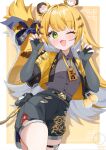  1girl absurdres animal_ear_fluff animal_ears blonde_hair blush colored_inner_hair elegant_(sumisumi4268) fingerless_gloves gloves green_eyes high-waist_shorts highres jacket ju_fufu long_hair looking_at_viewer multicolored_hair one_eye_closed open_mouth shirt shorts smile solo striped_hair tail tail_ornament thigh_strap tiger_ears tiger_girl tiger_tail yellow_jacket zenless_zone_zero 