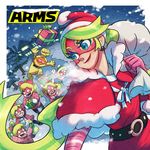  6+girls al_bhed_eyes arms_(game) blonde_hair blue_eyes breath carrying_over_shoulder cobushii_(arms) commentary_request fur_trim gift hat highres ishikawa_masaaki logo mask multicolored_hair multiple_girls official_art ponytail ribbon_girl_(arms) ribbon_hair robot sack santa_costume santa_hat smile streaked_hair 