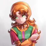  1girl bonnet commentary_request curly_hair dragon_quest dragon_quest_vii dress gradient_background green_eyes green_tabard grey_background hand_on_own_arm highres long_hair looking_to_the_side maribel_(dq7) orange_hair orange_sleeves pekuchin_(pekuchin_3) red_dress solo tabard tearing_up upper_body white_background yellow_bonnet 