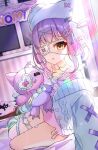  1girl animal_hat blush cardigan cat cat_hat chest_harness eyepatch hair_ornament hana_s harness hat highres indoors looking_at_viewer medical_eyepatch open_mouth purple_hair purple_shirt shinomiya_runa shinomiya_runa_(4th_costume) shirt solo stuffed_animal stuffed_toy t-shirt thigh_strap virtual_youtuber vspo! watermark white_cardigan white_hat yellow_eyes 