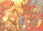  2boys absurdres aged_down axis_powers_hetalia bird blonde_hair blue_tunic child cloak dragon fairy flower_wreath france_(hetalia) grass highres kneeling lying male_focus medium_hair multiple_boys on_back orange_theme outdoors rabbit short_hair skull straddling sweatdrop thick_eyebrows tombstone tunic unicorn united_kingdom_(hetalia) woshifoufou 
