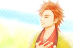  1boy adam&#039;s_apple azu_rin_go blue_background bokujou_monogatari bokujou_monogatari:_mittsu_no_sato_no_taisetsuna_tomodachi brown_hair closed_eyes curtained_hair green_background green_haori hair_bobbles hair_ornament hand_on_own_chest haori hinata_(bokujou_monogatari) japanese_clothes jinbei_(clothes) kanoko_(pattern) male_focus outline parted_bangs patterned_background portrait rattail side_part solo spiked_hair white_background white_outline 