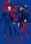  2girls arm_at_side arm_up black_choker black_dress black_pantyhose blue_background blue_dress blue_eyes blue_hair blue_shoes braid choker colored_inner_hair corrupted_twitter_file detached_sleeves diamond_earrings dissolving dress dual_persona earrings fagun_yibei floating_hair full_body half-closed_eyes highres holding holding_microphone hood hood_down hooded_jacket jacket jewelry kamitsubaki_studio looking_to_the_side microphone multicolored_eyes multicolored_hair multiple_girls open_clothes open_jacket pantyhose red_eyes red_hair red_jacket red_shoes red_thighhighs rim_(kamitsubaki_studio) shoes short_dress short_hair side-by-side side_braid simple_background thighhighs virtual_youtuber yellow_pupils 