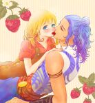  1boy 1girl adam&#039;s_apple arm_support azu_rin_go black_armlet blonde_hair blue_eyes blue_hair blue_pants blush bokujou_monogatari bokujou_monogatari:_mittsu_no_sato_no_taisetsuna_tomodachi braid brown_overalls cornrows cowboy_shot curly_hair curly_sidelocks curtained_hair dark-skinned_male dark_skin flower flying_sweatdrops food food_in_mouth fruit hair_between_eyes hair_bun half-closed_eyes half_updo hand_on_another&#039;s_shoulder hetero highres imminent_kiss leaf long_hair looking_at_another low_twin_braids ludus_(bokujou_monogatari) lying_on_person mouth_hold muscular muscular_male nanami_(bokujou_monogatari) nose_blush overall_skirt overalls pants plaid_clothes plaid_skirt red_eyes red_shirt scarf_belt shirt short_sleeves side_ponytail single_hair_bun single_sidelock skirt sleeveless_tunic strawberry tunic twin_braids vertical-striped_background very_long_hair white_tunic yellow_background 