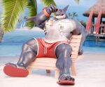 2025 3d_(artwork) alvintanubis anthro arm_markings arm_scar barazoku beach bench biceps black_sclera blue_body blue_scales blue_sky boat chest_markings chin_scar claws clock clothing day digital_media_(artwork) dylan_(alvintanubis) elbow_fin eyewear eyewear_on_head fin fin_scar finger_claws fish flip_flops footwear furniture gills gold_markings green_eyes hi_res hirunet holding_eyewear holding_object holding_sunglasses hut jewelry leg_scar lifeguard male marine markings muscular muscular_anthro muscular_male necklace notched_fin on_bench outside palm_tree parasail pier plant red_clothing red_flip_flops red_footwear red_shoes red_swimming_trunks red_swimwear sailing_boat sailing_watercraft sails sand sandals scales scar sea shark sharp_teeth shirt shoes shoulder_markings sitting sitting_on_bench sky solo sunglasses sunglasses_on_head swimming_trunks swimwear tank_top teeth thigh_scar toe_claws topwear tree vehicle vein veiny_muscles watch water watercraft white_body white_clothing white_scales white_shirt white_tank_top white_topwear wood wood_bench wood_furniture wristwatch