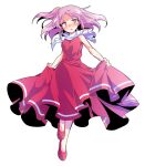  1girl alphes_(style) bare_arms bare_shoulders blush breasts commentary_request dairi dress floating_hair full_body large_variant_set leg_up lifting_own_clothes looking_at_viewer medium_breasts one_side_up open_mouth parody pink_eyes pink_hair pom_pom_(clothes) red_dress red_shoes sara_(touhou) shoes short_hair skirt_hold sleeveless sleeveless_dress solo style_parody touhou touhou_(pc-98) transparent_background turtleneck variant_set 