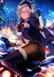  artoria_pendragon_(all) ass black_gloves black_legwear blonde_hair building city_lights cityscape commentary_request fate/grand_order fate_(series) fur_trim gloves ground_vehicle hat highres jacket looking_at_viewer motor_vehicle motorcycle pantyhose parted_lips santa_alter santa_hat silly_(marinkomoe) skyscraper solo thighhighs thumbs_up yellow_eyes 