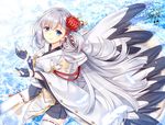  artist_name azur_lane bangs black_gloves black_skirt blue_eyes breasts cloud_print commentary_request dated eyebrows_visible_through_hair eyeliner feathers flower gloves hair_flower hair_ornament hair_spread_out hands_up in_water japanese_clothes kanzashi long_hair looking_at_viewer makeup medium_breasts miniskirt mole mole_under_eye nontraditional_miko outdoors partly_fingerless_gloves pleated_skirt ryuuga_shou shoukaku_(azur_lane) signature silver_hair sitting skirt smile solo thighhighs tsumami_kanzashi very_long_hair white_legwear zettai_ryouiki 