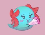 2024 blue_body blush boo_(mario) bow_ribbon female ghost heart_eyes heart_symbol holding_object lady_bow looking_at_viewer mario_bros nintendo open_mouth paper_mario pink_background simple_background solo spirit squaresville teeth waddling_head