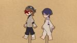  2boys absurdres arms_at_sides barefoot black_pants black_sash black_sleeves black_undershirt blunt_ends brown_hair brown_outline cardboard cardboard_cutout censored censored_identity closed_eyes closed_mouth clothing_cutout eyeliner eyeshadow facing_another feathers from_side genshin_impact grass_print grey_kimono headscarf highres japanese_clothes kariginu kimono layered_sleeves long_sleeves low_ponytail makeup miaoyeza233 mid-stride multicolored_hair multiple_boys niwa_(genshin_impact) open_hands outline pants pom_pom_(clothes) ponytail profile purple_hair purple_kimono purple_sleeves red_eyeliner red_eyeshadow red_hair sash scaramouche_(genshin_impact) scaramouche_(kabukimono)_(genshin_impact) shirt short_ponytail short_sleeves shoulder_cutout side_cutout streaked_hair string teardrop tearing_up tears turtleneck turtleneck_shirt walking white_pants wide_sleeves wrist_wrap x yellow_feathers 