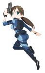  1girl aqua_eyes ass blue_bodysuit blue_wetsuit bodysuit breasts brown_hair diving_suit flat_color from_behind gun handgun holding holding_gun holding_weapon jill_valentine kakko_madoka long_hair looking_back low_ponytail medium_breasts open_mouth ponytail resident_evil resident_evil:_revelations running transparent_background v-shaped_eyebrows weapon wetsuit 