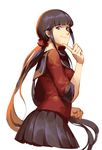  bangs black_hair black_skirt blunt_bangs clenched_hand closed_mouth danganronpa from_side hair_ornament hair_scrunchie hand_up harukawa_maki long_hair looking_at_viewer looking_to_the_side low_twintails new_danganronpa_v3 pleated_skirt red_eyes red_scrunchie ruukii_drift sailor_collar school_uniform scrunchie serafuku shirt sideways_glance simple_background skirt smile solo twintails upper_body very_long_hair white_background 