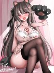  1girl animal_ears animal_hands apron artist_name azur_lane black_thighhighs blush breasts brown_hair cat_ears cat_paws chocolate chocolate_on_body chocolate_on_breasts cleavage collarbone crossed_legs fake_animal_ears feet_out_of_frame food_on_body gloves heart hisin large_breasts long_hair looking_at_viewer naked_apron one_side_up open_mouth pamiat_merkuria_(azur_lane) paw_gloves pink_eyes signature sitting smile solo thighhighs thighs very_long_hair 