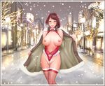  blush breasts brown_eyes brown_hair christmas fishnet_legwear fishnets large_breasts looking_at_viewer mature nipples original pearl_thong public_nudity revealing_clothes smile snow solo sonota_taisei thighhighs 