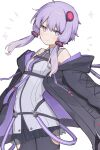  1girl bare_shoulders belt belt_around_waist black_belt black_jacket black_pantyhose breasts chest_belt chest_strap closed_mouth clothing_cutout cowboy_shot dress grey_dress hair_ornament hair_tubes hashtag-only_commentary jacket long_sleeves looking_at_viewer necktie open_clothes open_jacket pantyhose purple_eyes purple_hair purple_necktie see-through_dress_layer shiratakiseaice short_dress short_hair_with_long_locks sidelocks simple_background small_breasts smile solo thigh_cutout tie_clip vocaloid voiceroid white_background yuzuki_yukari yuzuki_yukari_(vocaloid6) 