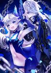  1girl :d armpits asymmetrical_clothes black_coat blue_background blue_eyes blue_shirt blush chain ciel_(elsword) demonio_(elsword) diabla_(elsword) elsword eyebrows_visible_through_hair gloves hair_over_one_eye highres horns lium long_hair looking_at_viewer luciela_r._sourcream navel open_mouth shirt single_pantsleg smile white_hair 