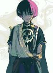  1boy alternate_hair_color arm_at_side arm_sling bandage_over_one_eye bandaged_head bandages black_bodysuit black_eyes black_hair black_sleeves bodysuit ce5_ez closed_mouth cracked_skin empty_eyes frilled_sleeves frills furisode genshin_impact gold grey_sleeves highres injury japanese_clothes jewelry kimono layered_sleeves light_smile looking_at_viewer male_focus mandarin_collar mitsudomoe_(shape) multicolored_hair neck_ring pink_hair purple_rope red_sash rope sash scaramouche_(genshin_impact) shimenawa short_sleeves sidelighting single_sode solo straight-on streaked_hair tomoe_(symbol) tsurime upper_body white_rope 