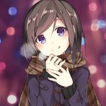  :p ai_cao bangs black_shirt blush brown_hair brown_scarf coat commentary english_commentary eyebrows_visible_through_hair hand_on_hand hands_up hashima_chihiro holding_scarf imouto_sae_ireba_ii looking_at_viewer purple_coat purple_eyes scarf shirt short_hair solo swept_bangs tongue tongue_out upper_body winter_clothes winter_coat 