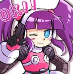  ! 1girl android blue_eyes blush call_(mighty_no._9) call_d english_text hairband headphones long_hair mighty_no._9 one_eye_closed purple_hair robot robot_joints simple_background solo text tied_hair twintails white_background wink 
