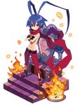  alpha_transparency antenna_hair black_gloves blue_hair boots crossed_arms disgaea faux_figurine fire full_body gloves harada_takehito laharl looking_at_viewer makai_senki_disgaea makai_wars male_focus official_art pants pointy_ears red_eyes red_footwear red_pants scarf shirtless smile solo standing throne transparent_background 