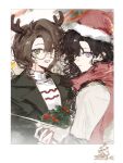  2girls :d antlers black_coat black_hair border brown_hair cloak coat eyewear_strap fake_antlers glasses green_eyes hat highres holding holding_plant horns isolde_(reverse:1999) kakania_(reverse:1999) long_hair multiple_girls open_mouth plant profile purple_eyes rang_wo_zai_shui_10_fenzhong red_eyes red_hat red_scarf reindeer_antlers reverse:1999 santa_hat scarf semi-rimless_eyewear smile sweater under-rim_eyewear upper_body white_border white_cloak white_sweater 