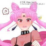  1girl aged_up bishoujo_senshi_sailor_moon black_dress black_lady_(sailor_moon) bow breasts chibi_usa cleavage cone_hair_bun crescent crescent_facial_mark crystal_earrings double_bun dress earrings facial_mark forehead_mark hair_bun highres jewelry kuroasa24 long_hair pink_hair red_eyes see-through_clothes simple_background solo twintails very_long_hair white_background 