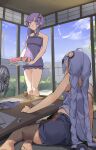  2girls ahoge arm_support armpits barefoot beads blue_hair blue_sky braided_twintails brick_wall cloud condensation cup dress drinking_glass electric_fan eraser food from_behind from_below fruit hair_beads hair_ornament hand_on_table highres holding holding_food holding_fruit holding_watermelon indoors kizuna_akari kneepits leaning_to_the_side looking_at_another multiple_girls off-shoulder_dress off_shoulder open_mouth paper plant pocche-ex purple_eyes purple_hair shirt short_dress shorts single_off_shoulder sitting sky sleeveless sleeveless_dress sleeveless_shirt soles standing summer table toes voiceroid watermelon watermelon_slice wind_chime wooden_ceiling wooden_table yuzuki_yukari 