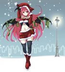  :o alternate_costume bare_shoulders bell black_legwear black_wings boots breasts christmas demon_wings detached_sleeves full_body green_ribbon hands_up hat hat_tug head_wings hirowa_nagi koakuma long_hair looking_at_viewer medium_breasts midriff miniskirt navel red_eyes red_footwear red_hair red_hat red_skirt ribbon santa_costume santa_hat skirt snowing solo standing thighhighs touhou underboob very_long_hair wings zettai_ryouiki 