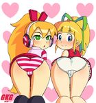  2girls ass blonde_hair blue_eyes blush call_(mighty_no._9) call_f dress duo eyebrows gkg green_eyes hairband headphones heart jacket long_hair looking_at_viewer looking_back mighty_no._9 multiple_girls open_mouth panties ponytail ribbon rockman roll shirt smile tied_hair underwear 