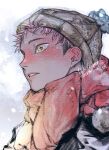  1boy black_hair blush cold from_side highres itadori_yuuji jozpic jujutsu_kaisen knit_hat male_focus nose pink_hair red_scarf scarf short_hair simple_background solo teeth undercut winter winter_clothes yellow_eyes 