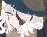  1girl bandage_over_one_eye bandages closed_mouth conical_hat faust_(project_moon) grey_scarf hat heishou_pack-mao_branch_(identity)_(project_moon) limbus_company looking_at_viewer one_eye_covered project_moon rice_hat scarf short_hair simple_background solo totemohotdesu upper_body white_background white_hair yellow_eyes 