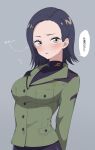  1girl arm_behind_back arrow_(symbol) black_shirt blue_eyeshadow blue_hair blush breasts brown_eyes campbell_xx commentary comoli_harcourt eyeshadow flying_sweatdrops green_jacket grey_background gundam gundam_gquuuuuux highres jacket long_sleeves looking_at_viewer makeup medium_breasts military_jacket mole mole_under_eye parted_lips partially_translated shirt short_hair simple_background solo speech_bubble translation_request turtleneck turtleneck_shirt upper_body zeon 
