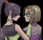  1boy 1girl arm_guards belt_collar black_background black_gloves black_shirt black_tank_top blue_eyes brown_hair bustier butterfly_mask collar commentary_request couple dragon_quest dragon_quest_xi eye_contact fingerless_gloves gloves green_bustier green_collar hand_on_another&#039;s_cheek hand_on_another&#039;s_face hero_(dq11) hetero high_ponytail looking_at_another looking_to_the_side martina_(dq11) mask masquerade_mask parted_hair pekuchin_(pekuchin_3) ponytail profile purple_eyes purple_hair purple_tunic shirt tank_top tunic upper_body 
