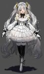  1girl alternate_costume black_bow black_bowtie black_thighhighs blue_eyes blush bow bowtie crossed_legs dress eyepatch flower frilled_dress frills gloves grey_background grey_hair hair_flower hair_ornament hairband highres isekaijoucho isshiki_(ffmania7) juliet_sleeves kamitsubaki_studio lolita_fashion lolita_hairband long_hair long_sleeves looking_at_viewer multicolored_hair open_mouth puffy_sleeves shoes signature simple_background smile solo streaked_hair thighhighs two_side_up very_long_hair virtual_youtuber watson_cross white_dress white_gloves white_shoes yellow_flower 