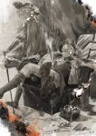  2boys absurdres axis_powers_hetalia bear270901 burning burning_photo cane cape coat france_(hetalia) hat highres holding holding_cane male_focus medium_hair multiple_boys on_chair pants plume sepia short_hair sitting smile thick_eyebrows united_kingdom_(hetalia) 