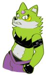alpha_channel angry anthro armwear bandai_namco belt bulge canid canine canis clothing crop_top digimon digimon_(species) fluffy fluffy_chest garmore growling gynomorph hi_res intersex leather leather_clothing leather_topwear loogamon looking_at_viewer mammal midriff multicolored_body shirt solo tempest_(garmore) topwear trans_(lore) trans_woman_(lore) two_tone_body underwear waistband wolf