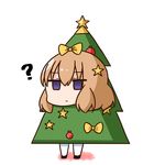  ? bangs black_footwear blend_s bow chibi christmas christmas_ornaments christmas_tree_costume closed_mouth commentary_request empty_eyes eyebrows_visible_through_hair hair_between_eyes hair_bow hair_ornament hana_kazari hoshikawa_mafuyu jitome light_brown_hair looking_at_viewer pantyhose purple_eyes shoes simple_background solo star star_hair_ornament white_background white_legwear yellow_bow 