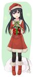  alternate_costume asashio_(kantai_collection) bangs black_hair black_legwear blue_eyes boots bow box christmas dress full_body fur_trim gift gift_box hat head_tilt highres holding holding_gift kantai_collection long_hair long_sleeves looking_at_viewer open_mouth pantyhose pom_pom_(clothes) red_footwear sack santa_boots santa_costume santa_hat solo standing yuki_(yukin0128) 