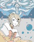  aqua_eyes bare_shoulders blonde_hair blood blood_drip blood_on_arm blue_dress blue_flower blue_rose bow brooch bubble choker clothing_cutout collarbone colored_eyelashes dress dress_bow dress_flower earrings evil_smile evillious_nendaiki floating_hair flower flower_choker frilled_bow frilled_choker frilled_dress frilled_sleeves frills gem grey_background hair_ornament hairclip hatsune_miku high_ponytail highres jewelry kagamine_rin long_hair looking_to_the_side margarita_blankenheim master_of_the_heavenly_yard_(vocaloid) off-shoulder_dress off_shoulder open_mouth orange_bow pale_skin pink_blood poison ponytail puffy_sleeves red_gemstone riliane_lucifen_d&#039;autriche rose self-harm shaded_face shoulder_cutout sidelocks smile sorn_somnang surprised swept_bangs transmutation twintails updo very_long_hair vocaloid white_flower white_rose wide_sleeves wrist_cutting yellow_bow yellow_choker yellow_flower yellow_rose 