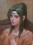  earrings elincia_ridell_crimea fire_emblem fire_emblem:_akatsuki_no_megami fire_emblem:_souen_no_kiseki green_hair hair_bun highres jewelry long_hair looking_at_viewer oil_painting_(medium) smile solo upper_body yagaminoue 
